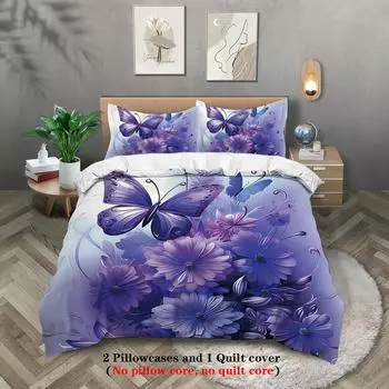 Комплект постельного белья из 3 предметов, модный, фиолетовый с принтом бабочек, мягкий и удобный, для женской спальни, двуспальная, двуспальная и односпальная кровать EU Twin(135x200cm)