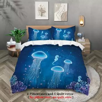 Комплект постельного белья из 3 предметов с рисунком медузы, 1 пододеяльник + 2 наволочки, размер queen, для спальни с двуспальной кроватью, гостевой комнаты 135x200cm-EU-Single