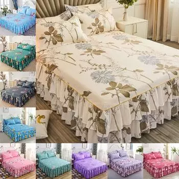 Комплект постельного белья из 3 предметов, рубашка, наматрасник с 2 наволочками, простыня с рюшами и цветочным принтом, покрывало + 2 наволочки 100x200cm 3PCS/1 Set
