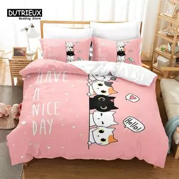 Комплект постельного белья из 3 предметов, детский комплект постельного белья с изображением кота из мультфильма, мягкий, удобный, дышащий, для декора спальни и гостевой комнаты EU single(135x200cm)