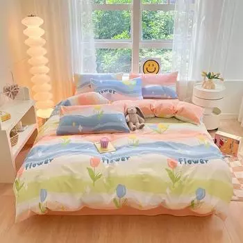 Комплект постельного белья из 3 предметов с цветными цветами в мультяшном стиле из 100% хлопка, мягкий и приятный на ощупь, с 2 наволочками 150x200cm Single 3Pc