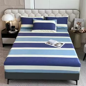 Комплект постельного белья из 3 предметов, простой, синий, в полоску, мягкий, приятный для кожи, утолщенный, 100% хлопок, эластичный, размер Queen Size 120x200x30cm 3Pcs