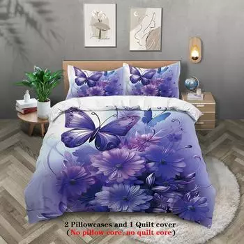 Комплект постельного белья из 3 предметов, модный, фиолетовый с принтом бабочек, мягкий и удобный, для женской спальни, двуспальная, двуспальная и односпальная кровать 135x200cm-EU-Single