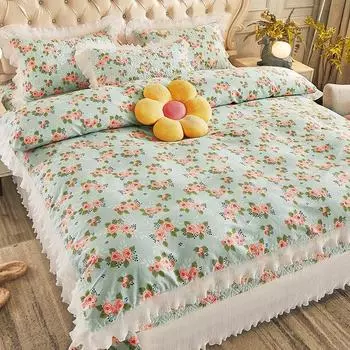 Комплект постельного белья из 4 предметов со свежим цветочным принтом в Корейском стиле, хлопковый принт, пододеяльник, размер Queen King, одно двойное стеганое покрывало, дышащее 1.2x2m (5 feet)bed
