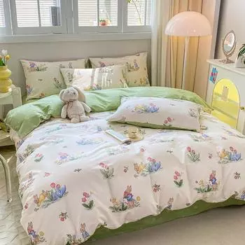 Комплект постельного белья из четырех предметов из чистого хлопка, небольшая простыня в свежем стиле из чистого хлопка, пододеяльник из трех частей с цветочным принтом, пододеяльник для студенческого общежития 1.2m three-piece set