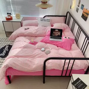 Комплект постельного белья из чистого хлопка в полоску из четырех предметов Простыня Простыня на резинке Всесезонное постельное белье Мягкое Удобное Прочное Хлопковое Необходимое для спальни 1.5m детские розовый