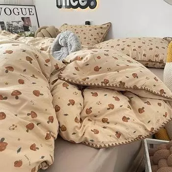Комплект постельного белья из двухслойной пряжи INS Girls Mushroom Soft Washed Cotton, простыня Queen King Size, пододеяльник, наволочка, простыня 150x200 3pcs
