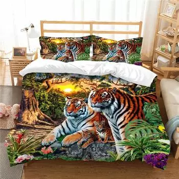 Комплект постельного белья из микрофибры с 3D-цветами и принтом в виде двух тигров, пододеяльник, комплект постельного белья из микрофибры, 2/3 пододеяльника UK Single 135x200cm