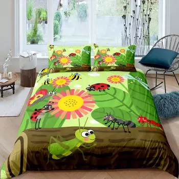 Комплект постельного белья из натуральных материалов для мальчиков и девочек, 3 предмета, принт с изображением животных, дикой природы и цветов, пододеяльник из зеленой микрофибры EU Single(135x200cm)