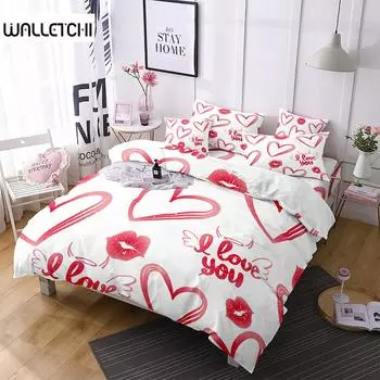 Комплект постельного белья из полиэстера с принтом губ, красное сердце, подарок на День святого Валентина для пары, жены, комплект постельного белья размера «king-size» с наволочкой EU single(135x200cm)