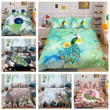 Комплект постельного белья из серии 3D животных с павлиньим пером, пододеяльник и наволочка, 2/3 предмета, AU/DE/US, полный размер, моющееся украшение для дома Baby 100x135cm