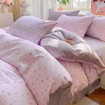 Комплект постельного белья из стираного хлопка 4 предмета, маленький свежий студенческий трехпредметный комплект для общежития, простыня с мелким цветочным рисунком, пододеяльник 1.2 m 3pc quilt 1.5*2m тюльпан