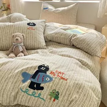 Комплект постельного белья из стираного хлопка и льна из четырех предметов, комплект постельного белья из чистого хлопка из трех предметов, простыня и пододеяльник 1.2m bed