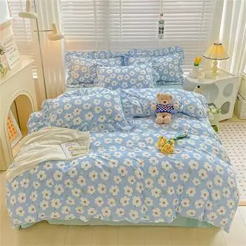 Комплект постельного белья из стираного хлопка, красивый пододеяльник, синий цветочный домашний текстиль, наволочка, цветочный пододеяльник для детей и женщин Flat Bed Sheet&Single150x200 3pcs