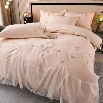 Комплект постельного белья из стираного хлопка с вышивкой принцессы, комплект постельного белья размера «queen-size», 4 шт., элегантная кружевная простыня с 2 наволочками 1.5x2m-59x79inch bed зелёный