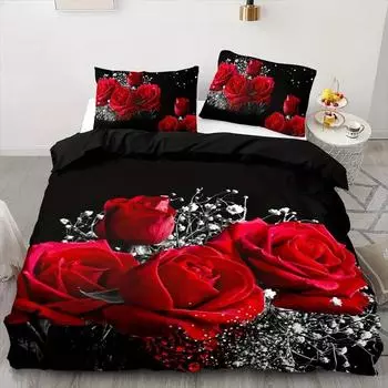 Комплект постельного белья из трех предметов ко Дню святого Валентина с принтом «Любовь и розы» EU single 135*200