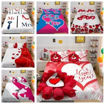 Комплект постельного белья ко Дню святого Валентина с 3D-принтом, двуспальная кровать, пододеяльник, наволочка, 2/3 шт., пододеяльник для молодоженов, мягкий и быстросохнущий домашний текстиль Baby 100x135cm