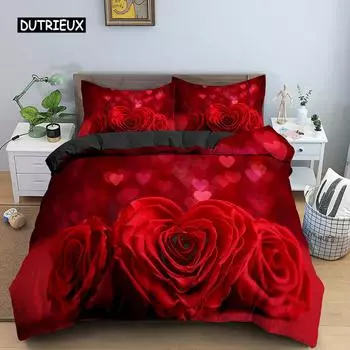 Комплект постельного белья ко Дню святого Валентина, 2/3 шт., роскошный пододеяльник с розовым принтом и сердечками, микрофибра King с 3D-принтом красной розы EU single(135x200cm)