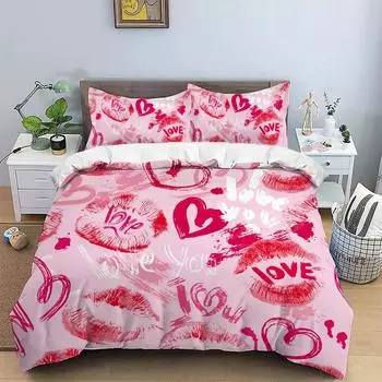 Комплект постельного белья ко Дню святого Валентина с красными сердечками и 3D-цифровой печатью, отпечатками губ, подходящий подарок для партнера, комплект пододеяльников Eutwin135x200cm