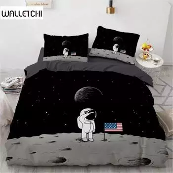 Комплект постельного белья «Космический» из микрофибры с рисунком американского флага и космического корабля для мальчиков и девочек, комплект постельного белья «Королева», пододеяльник EU single(135x200cm)