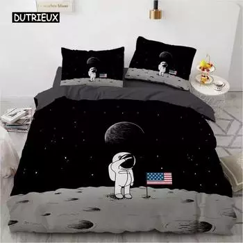 Комплект постельного белья «Космический» из микрофибры с рисунком американского флага и космического корабля для мальчиков и девочек, комплект постельного белья «Королева», пододеяльник EU single(135x200cm)