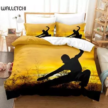 Комплект постельного белья Kung Fu Duvet Cover King Size Sunset Martial Art Men Silhouettes Комплект постельного белья для подростка из полиэстера, спортивная тема, пододеяльник EU single(135x200cm)