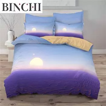 Комплект постельного белья Landscape из микрофибры с принтом Purple Ocean Waves Sunrise, комплект постельного белья с изображением природных пейзажей, двуспальное одеяло King Quilt Cover EU single(135x200cm)