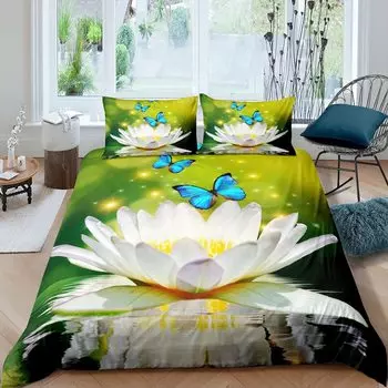 Комплект постельного белья Lotus из 3 предметов для девочек, пододеяльник из полиэстера с принтом в виде белого лотоса и синими бабочками EU Single(135x200cm)