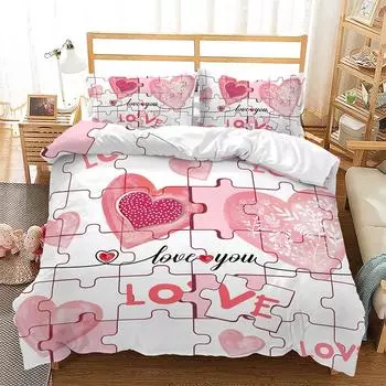 Комплект постельного белья Love Duvet Cover King Queen Twin Full Size Heart Shape Pink Romantic theme for Couple Polyester Bed Set 70x133cm 2pcs