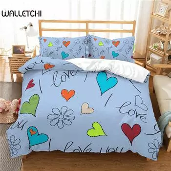 Комплект постельного белья Love Heart с рисунком из мультфильма «Веселые разноцветные сердечки» для двоих в романтическом стиле Комплект постельного белья из полиэстера «Я люблю тебя» для подростка EU single(135x200cm)