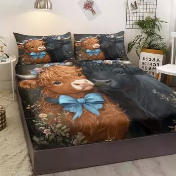 Комплект постельного белья Love Long-Haired Cow из трех частей, с двумя наволочками, подходит для гостиной и спальни (Пара, Мультфильм) 99cmx199cm