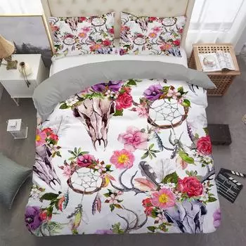 Комплект постельного белья «Ловец снов» с изображением бычьего черепа и перьев в стиле бохо, комплект постельного белья из микрофибры, королевский размер, пододеяльник EU single(135x200cm)