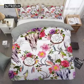 Комплект постельного белья «Ловец снов» с изображением бычьего черепа и перьев в стиле бохо, комплект постельного белья из микрофибры, королевский размер, пододеяльник EU single(135x200cm)