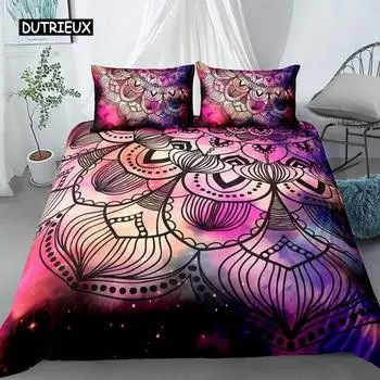 Комплект постельного белья Mandala Duvet Cover King Polyester Tie Dye Paisley Quilt Cover Purple Boho Hippie Trippy Floral Exotic Style Комплект постельного белья EU single(135x200cm)