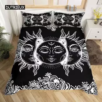 Комплект постельного белья Mandala с завязками на постельном белье Sun and Moon в экзотическом стиле, черно-белый, с ботаническим и цветочным узором, из полиэстера EU single(135x200cm)