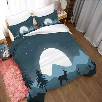 Комплект постельного белья Mountain с изображением леса и яркого лунного пейзажа с изображением лося Mountain, комплект постельного белья King Size, мягкий полиэстеровый пододеяльник 70x133cm 2pcs
