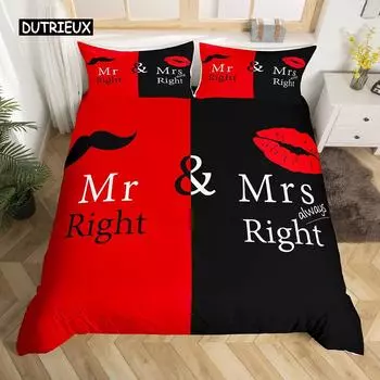 Комплект постельного белья Mr Mrs, забавный, черный, красный, креативный, для двоих, комплект постельного белья из микрофибры, с рисунком «Любовь, мужчина, усы, женщина, губы», романтика, покрывало 150x200cm 3pcs