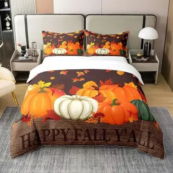 Комплект постельного белья на День благодарения, детский пододеяльник с индейкой, полноразмерный чехол, комплект постельного белья с кленовым принтом и 2 наволочками, декор комнаты EU single(135x200cm)