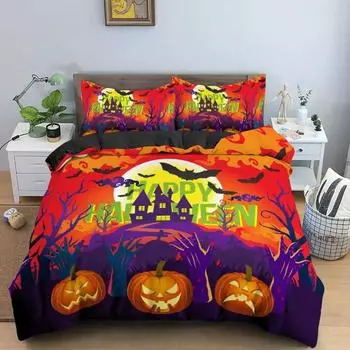 Комплект постельного белья на Хэллоуин, двуспальный, с забавным мультяшным рисунком, комплект постельного белья с тыквой, микрофибра, комплект постельного белья на тему Хэллоуина EU single(135x200cm)