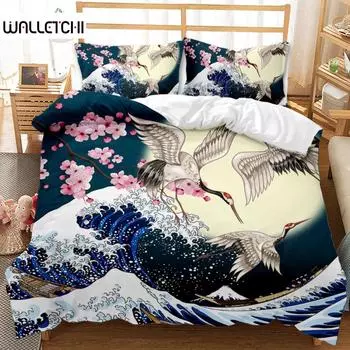 Комплект постельного белья National Trend с принтом «Цветущая вишня» и «Журавль», комплект постельного белья с принтом «Морские волны», традиционный ретро-покрывало из полиэстера EU single(135x200cm)