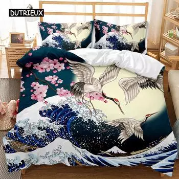 Комплект постельного белья National Trend с принтом «Цветущая вишня» и «Журавль», комплект постельного белья с принтом «Морские волны», традиционный ретро-покрывало из полиэстера EU single(135x200cm)
