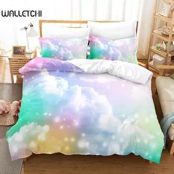 Комплект постельного белья «Облака» с радужными облаками, комплект постельного белья для женщин, кавайный эстетический стиль, размер «king size», 2/3 шт., полиэстер, пододеяльник EU single(135x200cm)