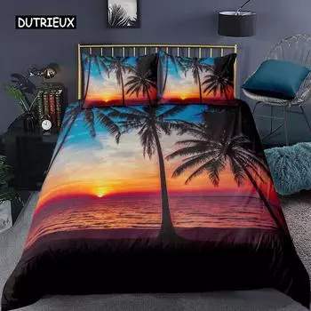 Комплект постельного белья Ocean Beach King из микрофибры Tropical Sunset Beach с пальмами Комплект постельного белья Peaceful Ocean Evening Покрывало для пододеяльника EU single(135x200cm)