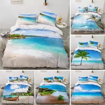 Комплект постельного белья Ocean Duvet Set King Size Polyester Tropic Ocean Style Sandy Shore and Sea with Waves Escape To Paradise Theme Set 70x133cm 2pcs