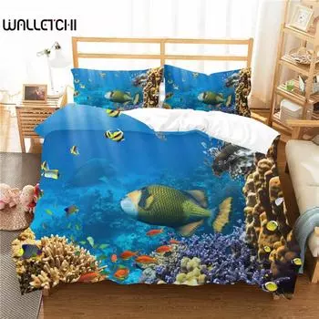 Комплект постельного белья Ocean Fish с изображением морской тематики для двоих, полиэстер, морской подводный мир, Sealife, двуспальное одеяло размера King Size EU single(135x200cm)