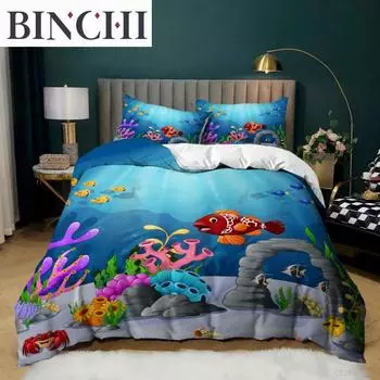 Комплект постельного белья Ocean, размер King Twin, комплект постельного белья с морской тематикой, микрофибра, коралловый узор, рыба, краб, подводный рисунок животных, пододеяльник EU single(135x200cm)