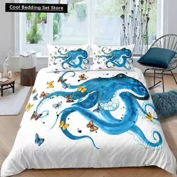 Комплект постельного белья «Осьминог» сине-голубой «Щупальца осьминога» для двойного постельного белья Sealife Ocean Sea Animal Queen King Полиэстеровый пододеяльник EU single(135x200cm)