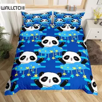 Комплект постельного белья «Панда» размера «king-size», черно-белый комплект постельного белья с изображением животных и наволочками, звездное небо, голубое, ультрамягкое одеяло EU single(135x200cm)