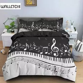 Комплект постельного белья Piano Duvet Cover Set из полиэстера с вращающимися музыкальными нотами для девочек, черно-белый нарядный комплект постельного белья с ретро-музыкой EU single(135x200cm)