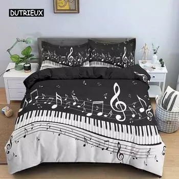 Комплект постельного белья Piano Duvet Cover Set из полиэстера с вращающимися музыкальными нотами для девочек, черно-белый нарядный комплект постельного белья с ретро-музыкой EU single(135x200cm)